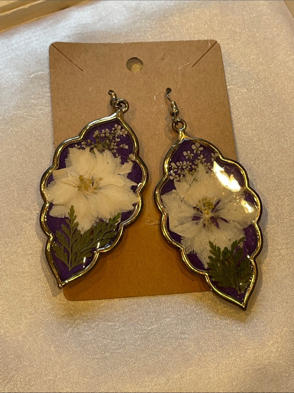 Artisan Purple and White Floral Resin Drop Earrings